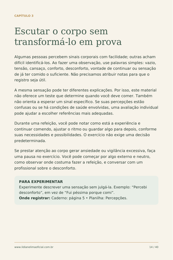 Página interna do e-book sobre escutar o corpo sem julgamento